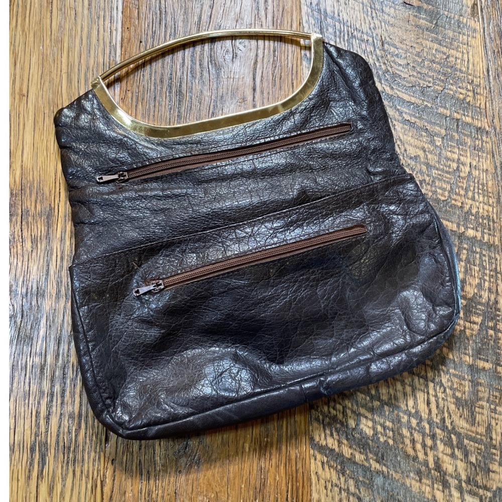 Vintage Neiman Marcus Dark Brown Pebbled Leather Clutch Gold Metal Top Handle